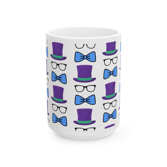 Whimsical Bowtie & Top Hat Ceramic Mug | Fun Gift for Parties, Graduation, Father's Day, Everyday Coffee & Tea Use