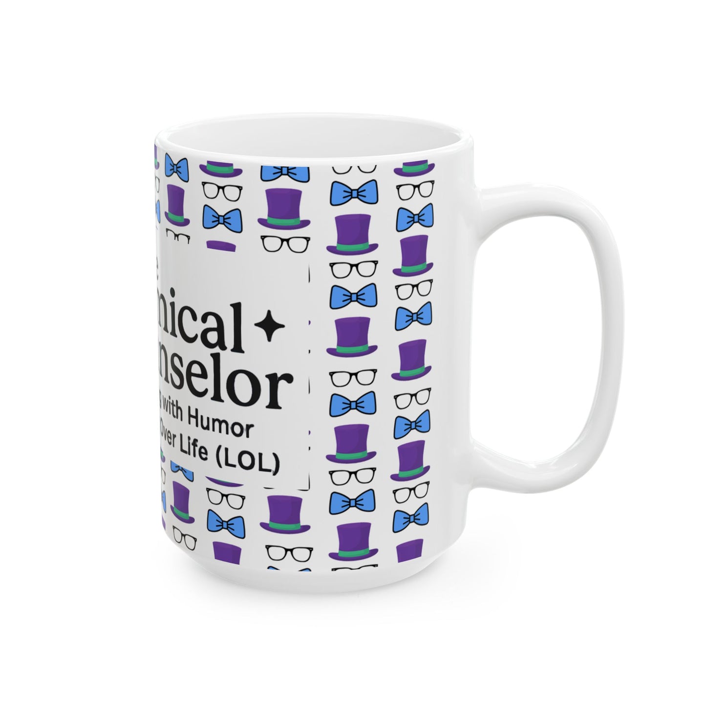 Logo Whimsical Bowtie & Top Hat Ceramic Mug | Fun Gift for Parties, Graduation, Father's Day, Everyday Coffee & Tea Use