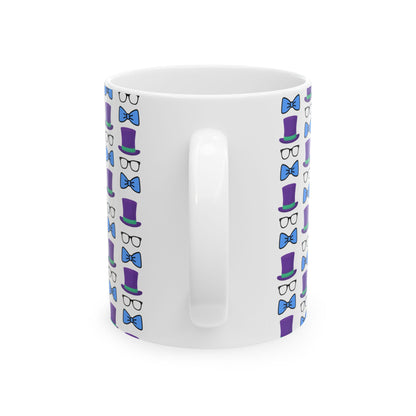 Logo Whimsical Bowtie & Top Hat Ceramic Mug | Fun Gift for Parties, Graduation, Father's Day, Everyday Coffee & Tea Use