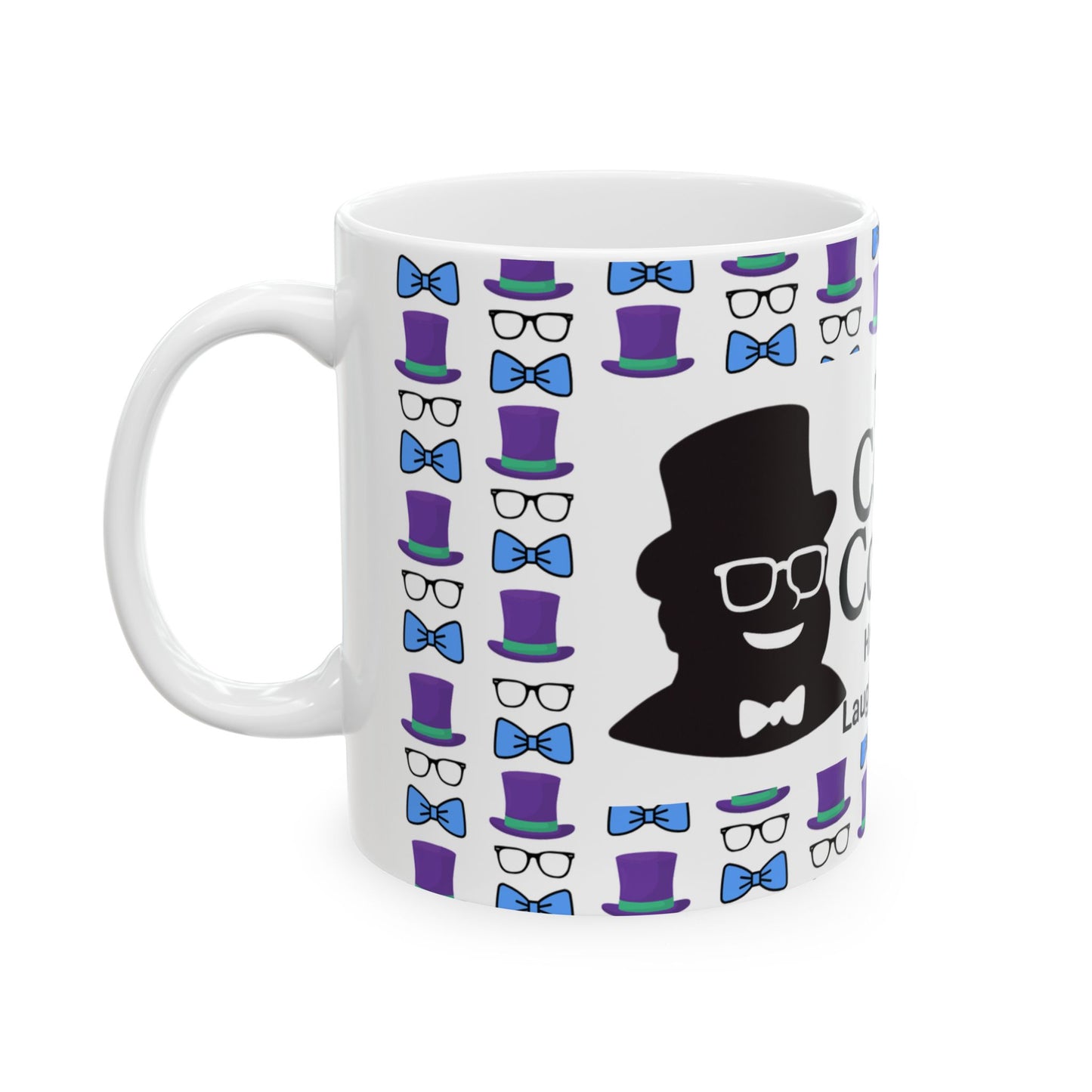 Logo Whimsical Bowtie & Top Hat Ceramic Mug | Fun Gift for Parties, Graduation, Father's Day, Everyday Coffee & Tea Use