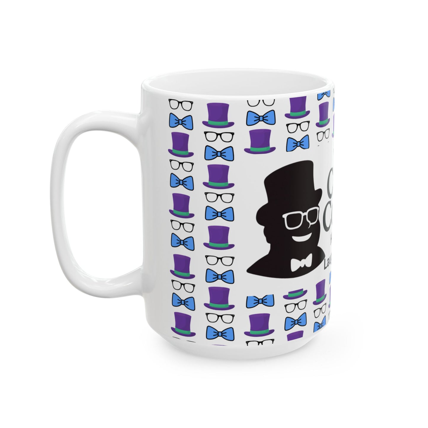 Logo Whimsical Bowtie & Top Hat Ceramic Mug | Fun Gift for Parties, Graduation, Father's Day, Everyday Coffee & Tea Use