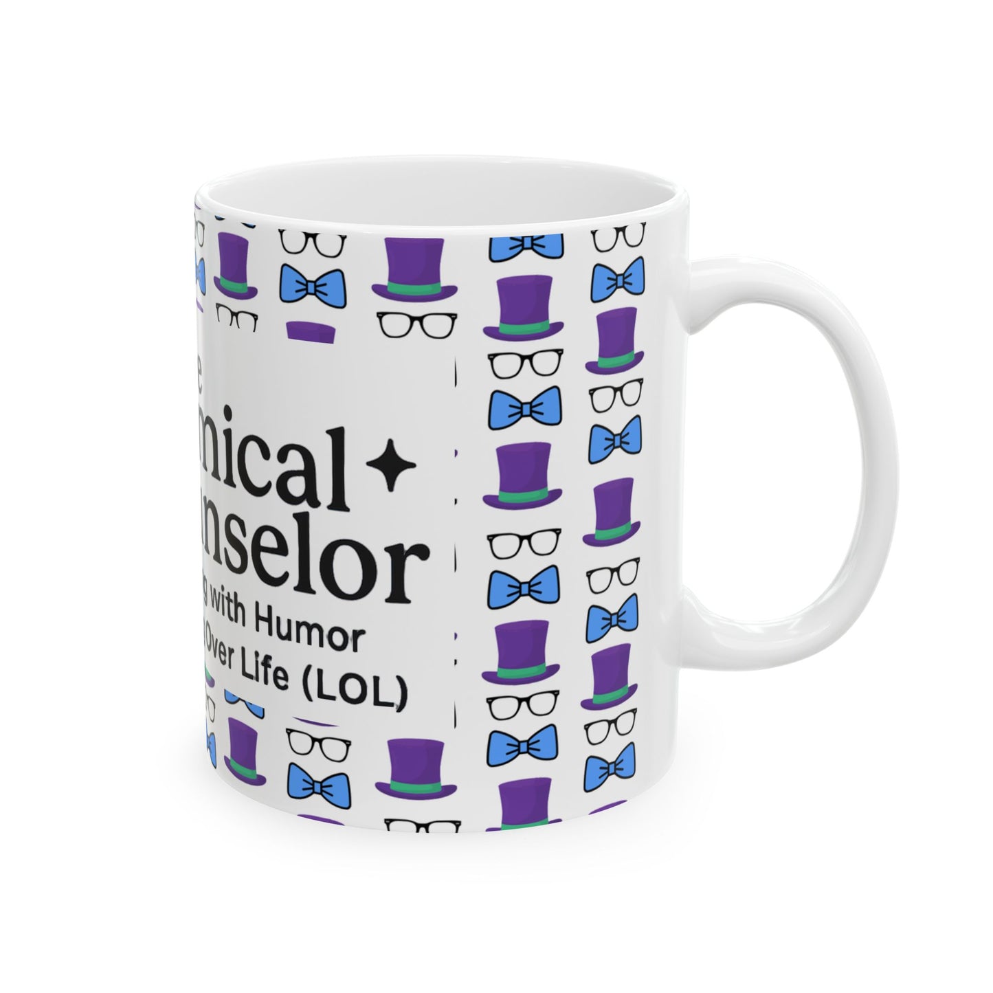 Logo Whimsical Bowtie & Top Hat Ceramic Mug | Fun Gift for Parties, Graduation, Father's Day, Everyday Coffee & Tea Use