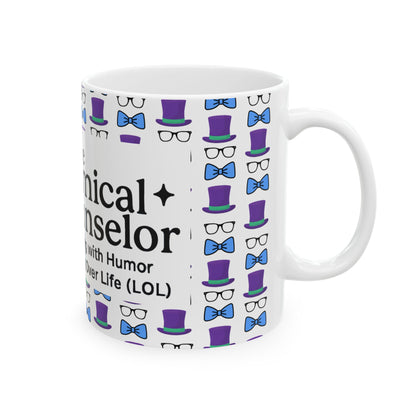 Logo Whimsical Bowtie & Top Hat Ceramic Mug | Fun Gift for Parties, Graduation, Father's Day, Everyday Coffee & Tea Use