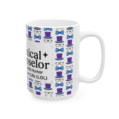 Logo Whimsical Bowtie & Top Hat Ceramic Mug | Fun Gift for Parties, Graduation, Father's Day, Everyday Coffee & Tea Use